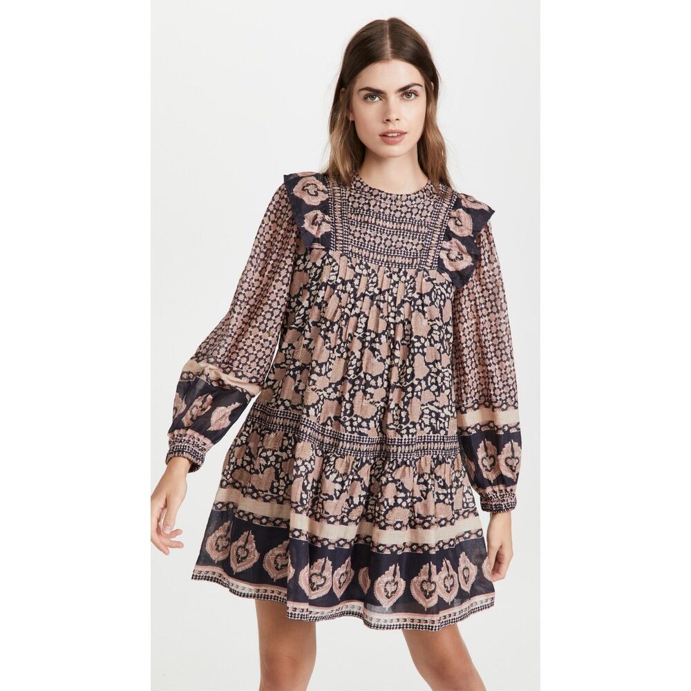 Sea New York Margo Printed Cotton Mini Dress Ruffle Pintuck Cotton XXS 255229